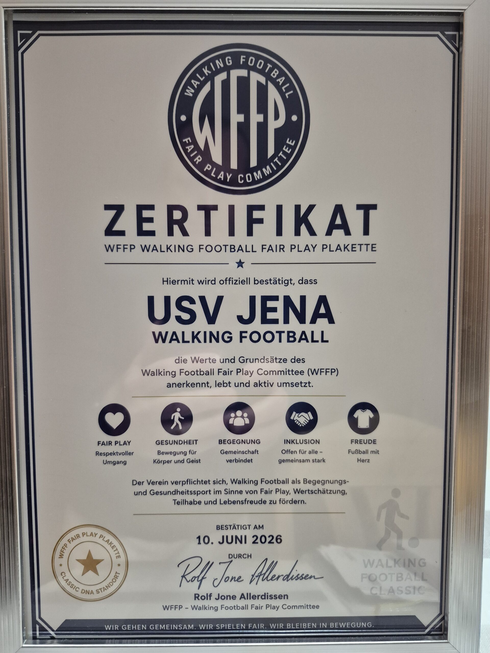 Walking Blues – Gehfußball; Auszeichnung Fair Play Plakette